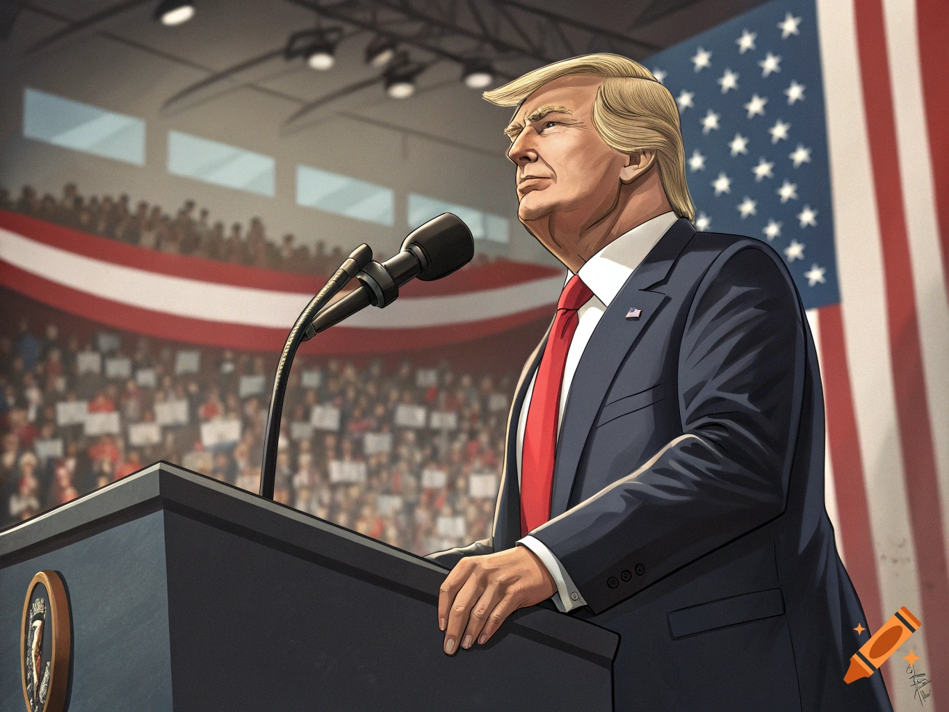 An illustration of Donald Trump giving a speech at a podium in a large venue with a crowd and an American flag in the background.