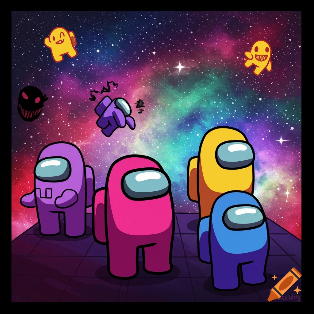 Cartoon Among Us characters in various colors stand on a spaceship platform, with ghostly characters floating in a vibrant galaxy background.
