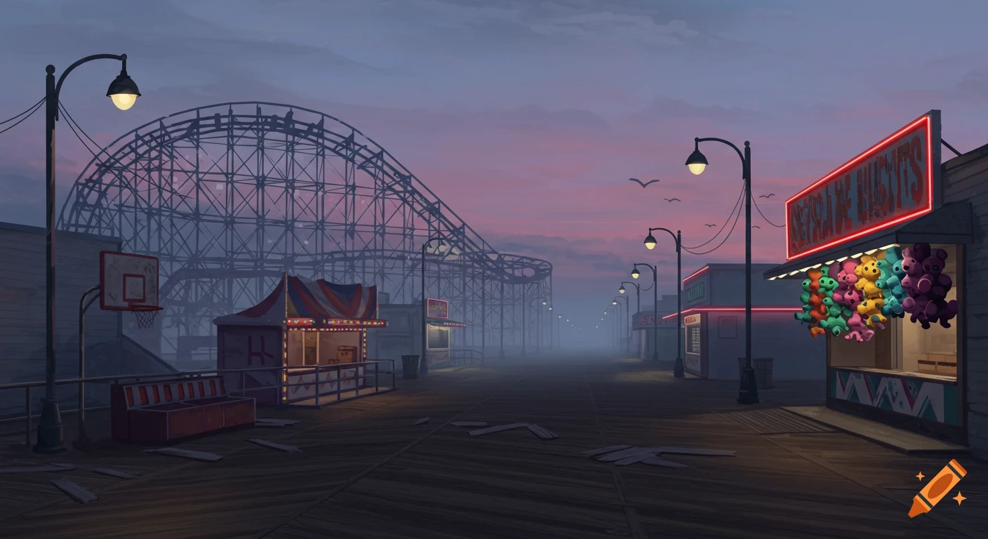 An eerie, empty boardwalk at dusk with a roller coaster, illuminated stalls, and streetlights.