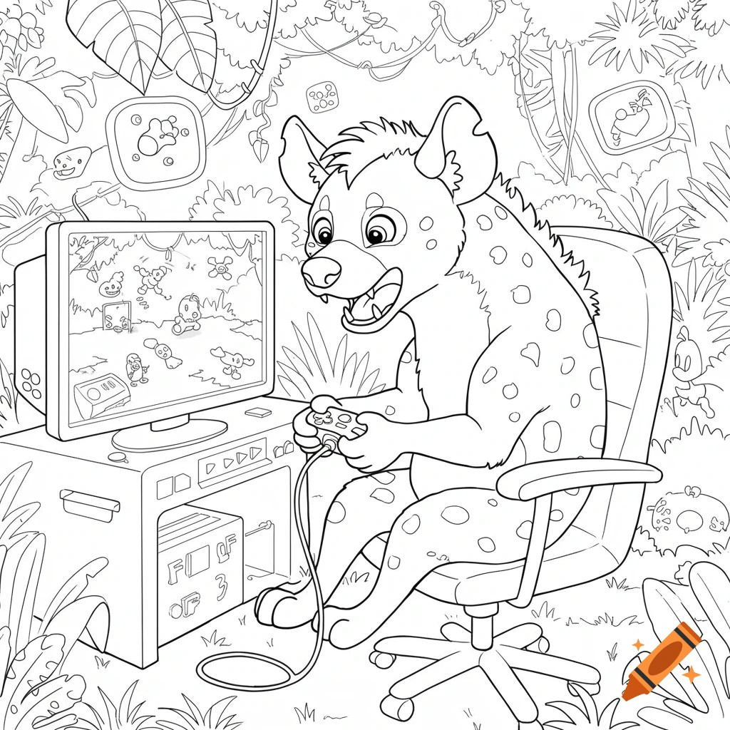 Cartoon hyena sitting in an office chair, enthusiastically playing a video game on a desktop computer, line art for a coloring page.