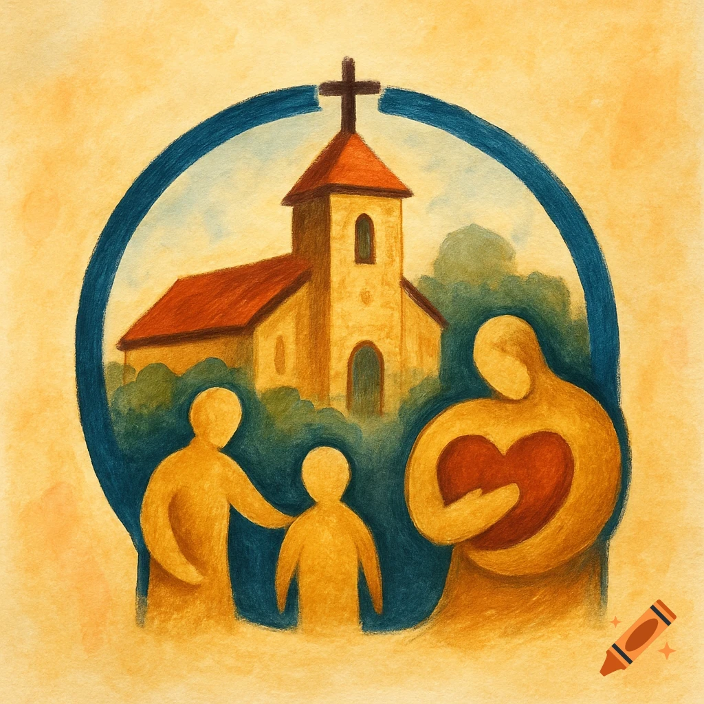 Watercolor illustration of a church and three stylized figures, one holding a heart, within a blue circular frame.