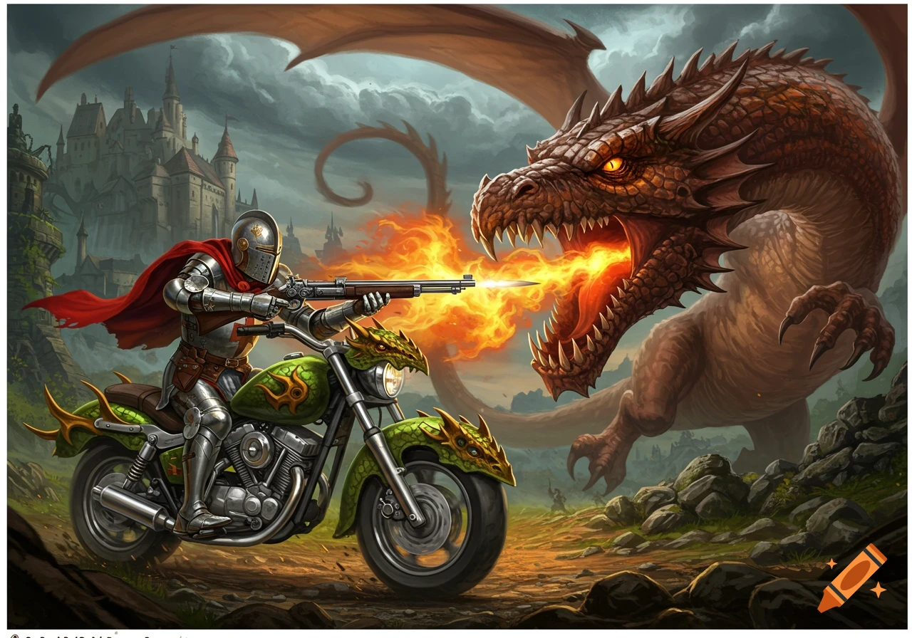 A knight in shining armor on a green motorcycle fires a rifle at a fire-breathing dragon, with a castle in the background.