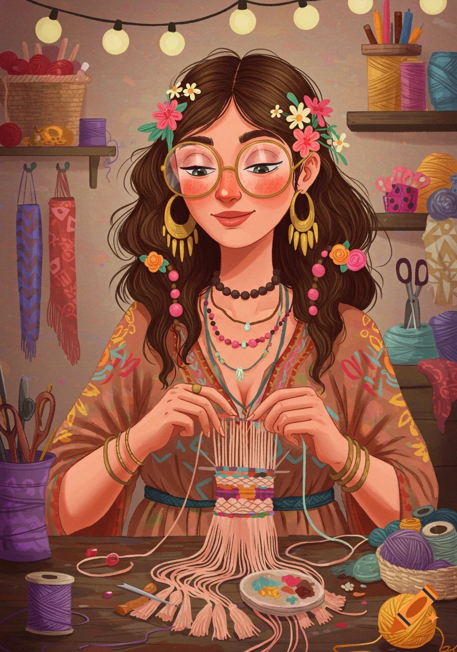 A colorful illustration of a smiling woman with glasses and flowers in her hair, weaving macrame amidst various crafting supplies.