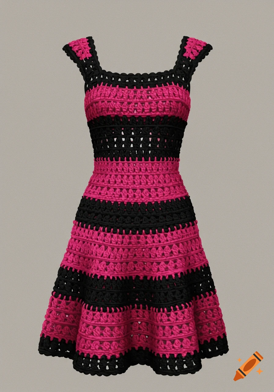 A pink and black striped crochet dress displayed against a plain grey background.