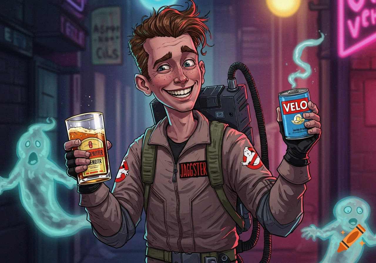 Smiling cartoon man dressed as a Ghostbuster holding a beer and a VELO can, with ghosts in a neon-lit alley.