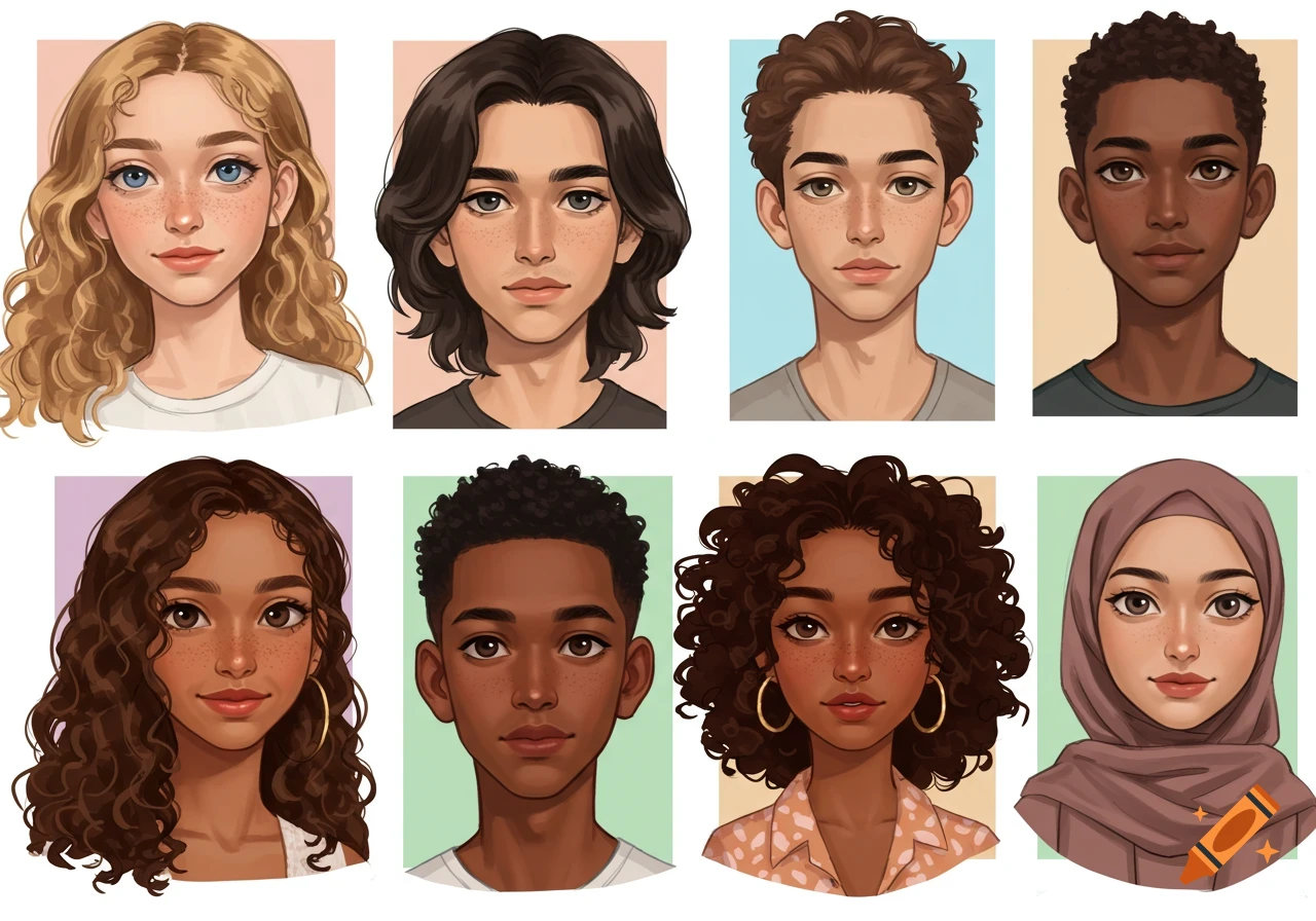 Cartoon portraits of eight diverse people with various hair colors, skin tones, and features in a stylized art style.