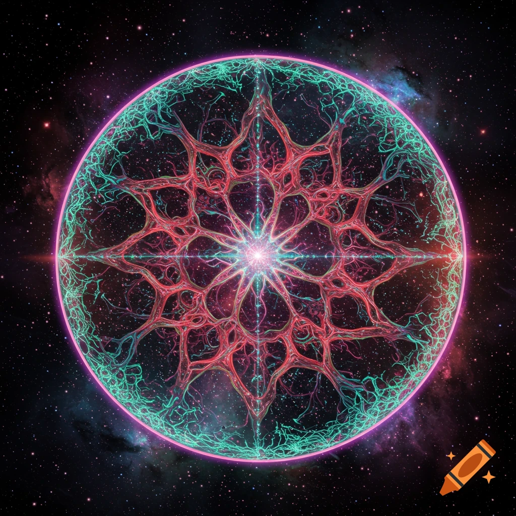 A vibrant, intricate circular design resembling branching veins or roots, glowing in pink, red, and teal against a starry cosmic background.