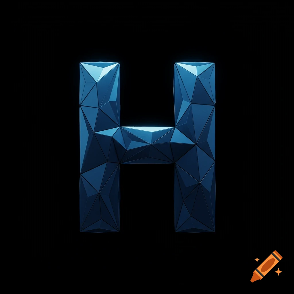 A blue metallic geometric letter H on a black background.