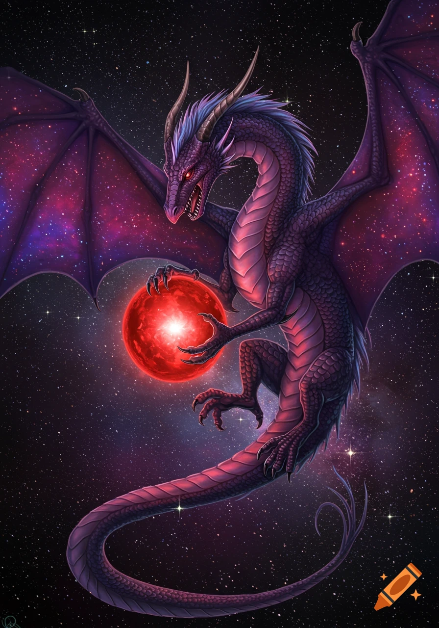 A majestic purple dragon with starry wings soars through space, clutching a glowing red orb.