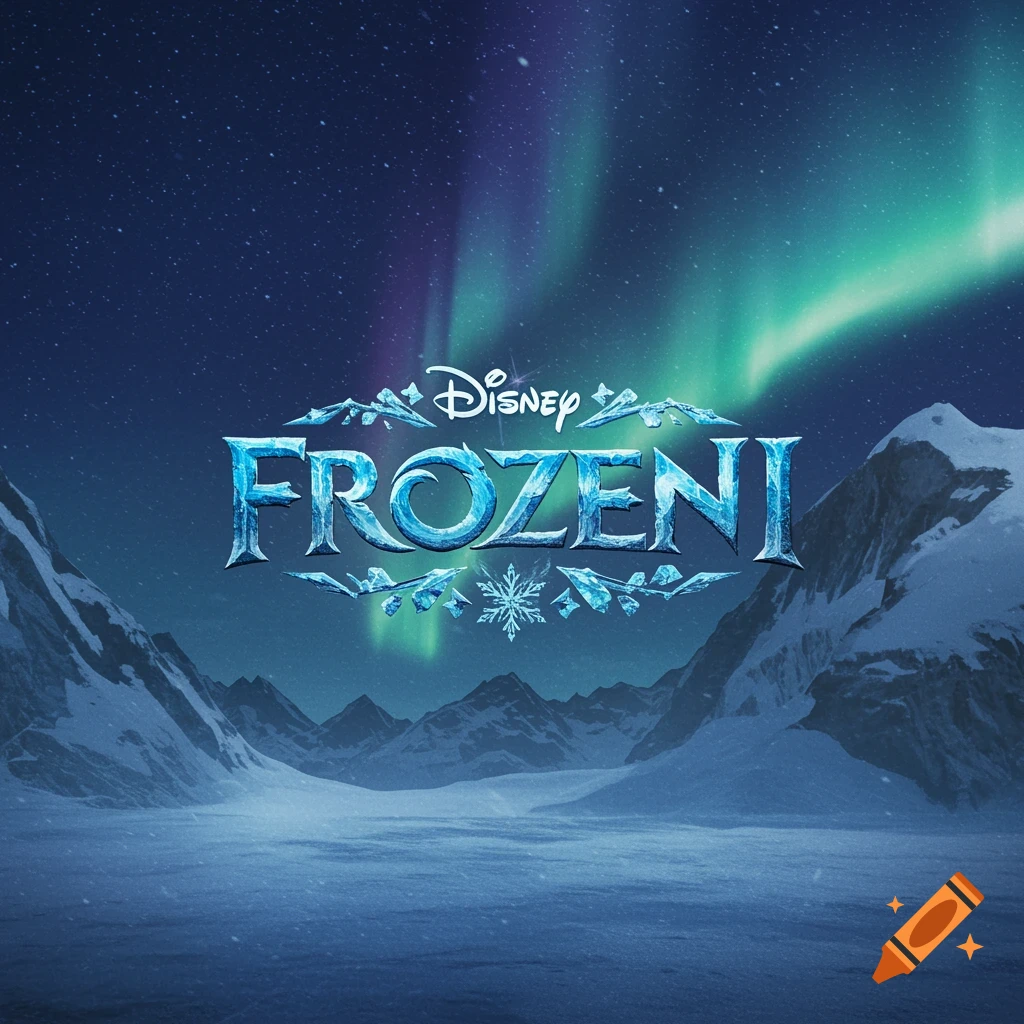 Disney Frozen logo above snow-capped mountains and a frozen plain under a night sky with aurora borealis.