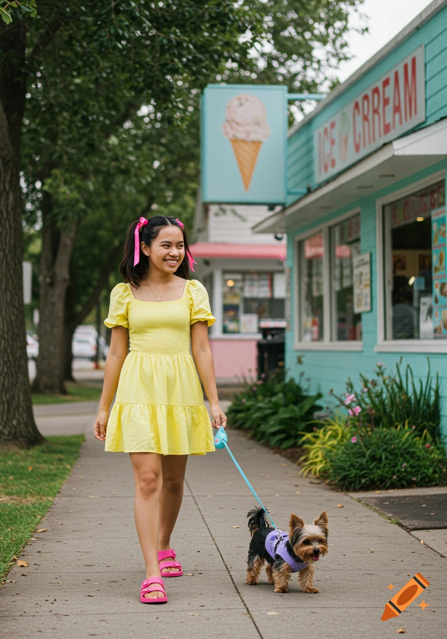 A smiling girl in a yellow dress walks a small dog on a leash past an ice cream shop.