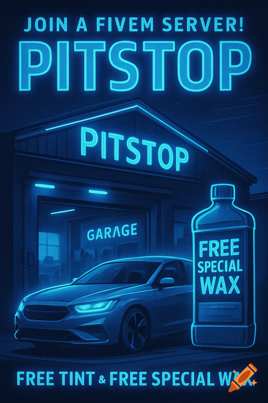 A neon blue poster for "PitStop" garage, showing a sleek car, a wax bottle, and text about free tint and wax for a FiveM server.