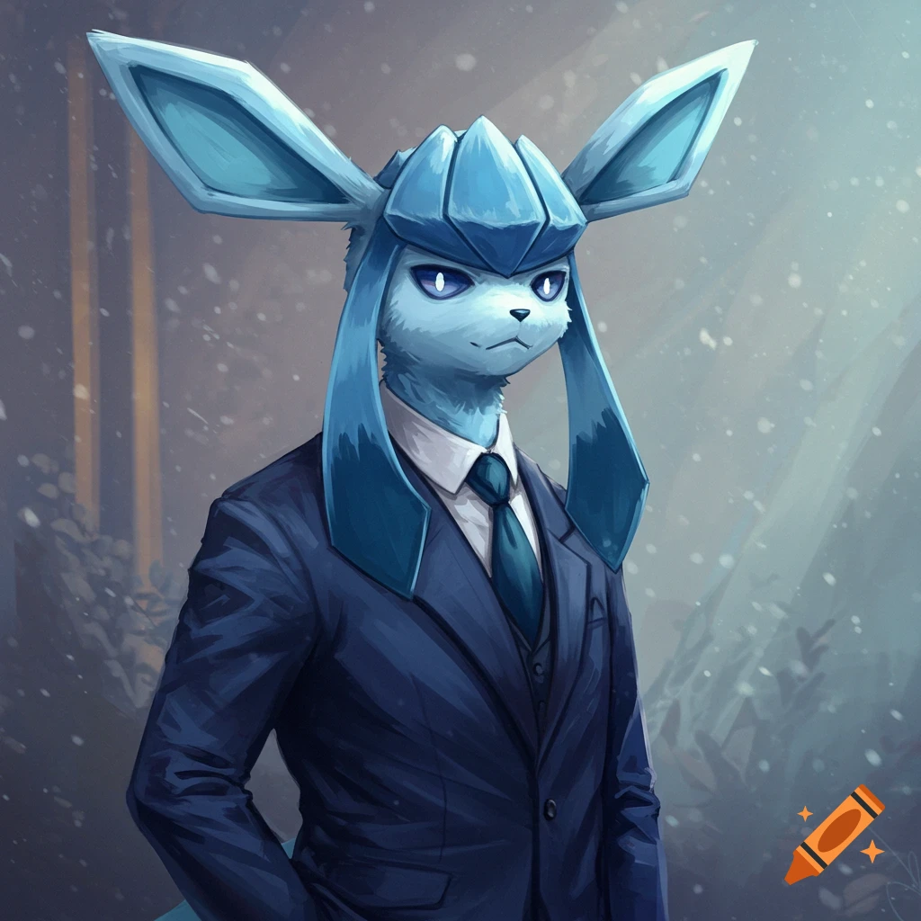 An anthropomorphic Glaceon, a light blue ice fox-like creature, wearing a dark blue suit and tie, looking haughty.