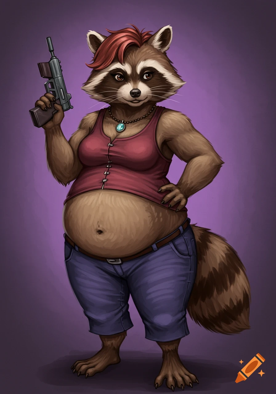 A chubby humanoid raccoon woman with red hair, wearing a red tank top and blue pants, stands holding a gun on a purple background. Digital painting.