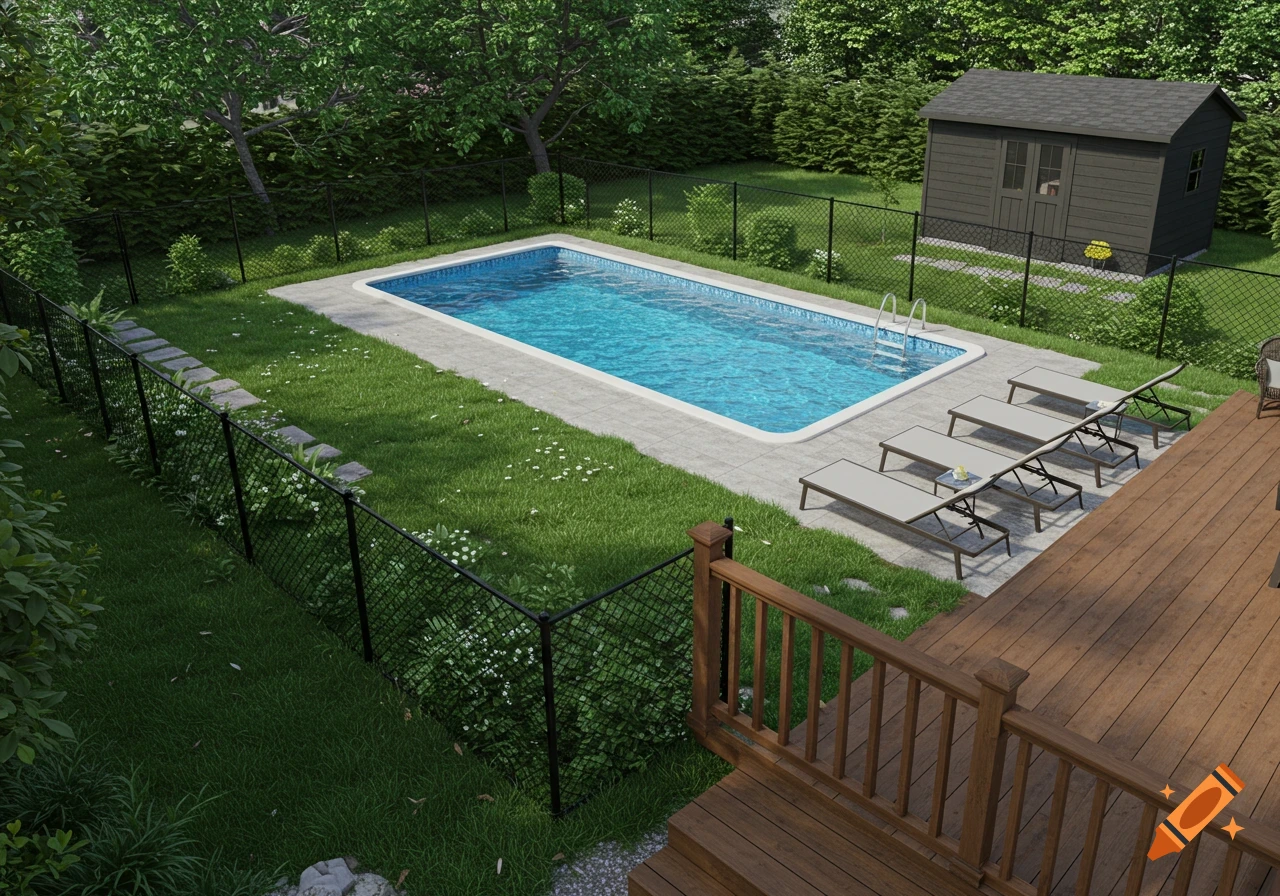 Photorealistic rendering of a backyard with a rectangular blue swimming pool, wooden deck, dark shed, and black chain-link fence.