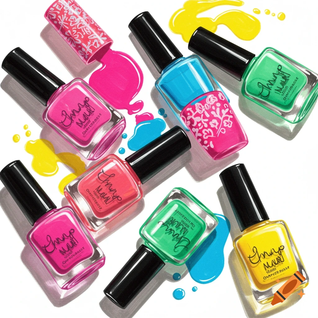 Multiple vibrant pink, blue, green, yellow, and red nail polish bottles with spilled polish on a white background.