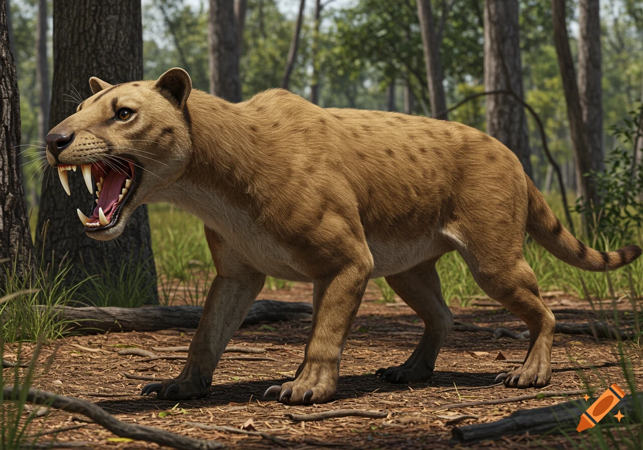 A hyper-realistic marsupial lion (Thylacoleo carnifex) with an open mouth showing its teeth, standing in a sunlit forest.