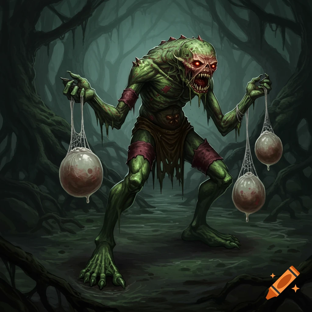 A grotesque green monster with red eyes and sharp teeth stands in a dark swamp, holding two webbed sacs.