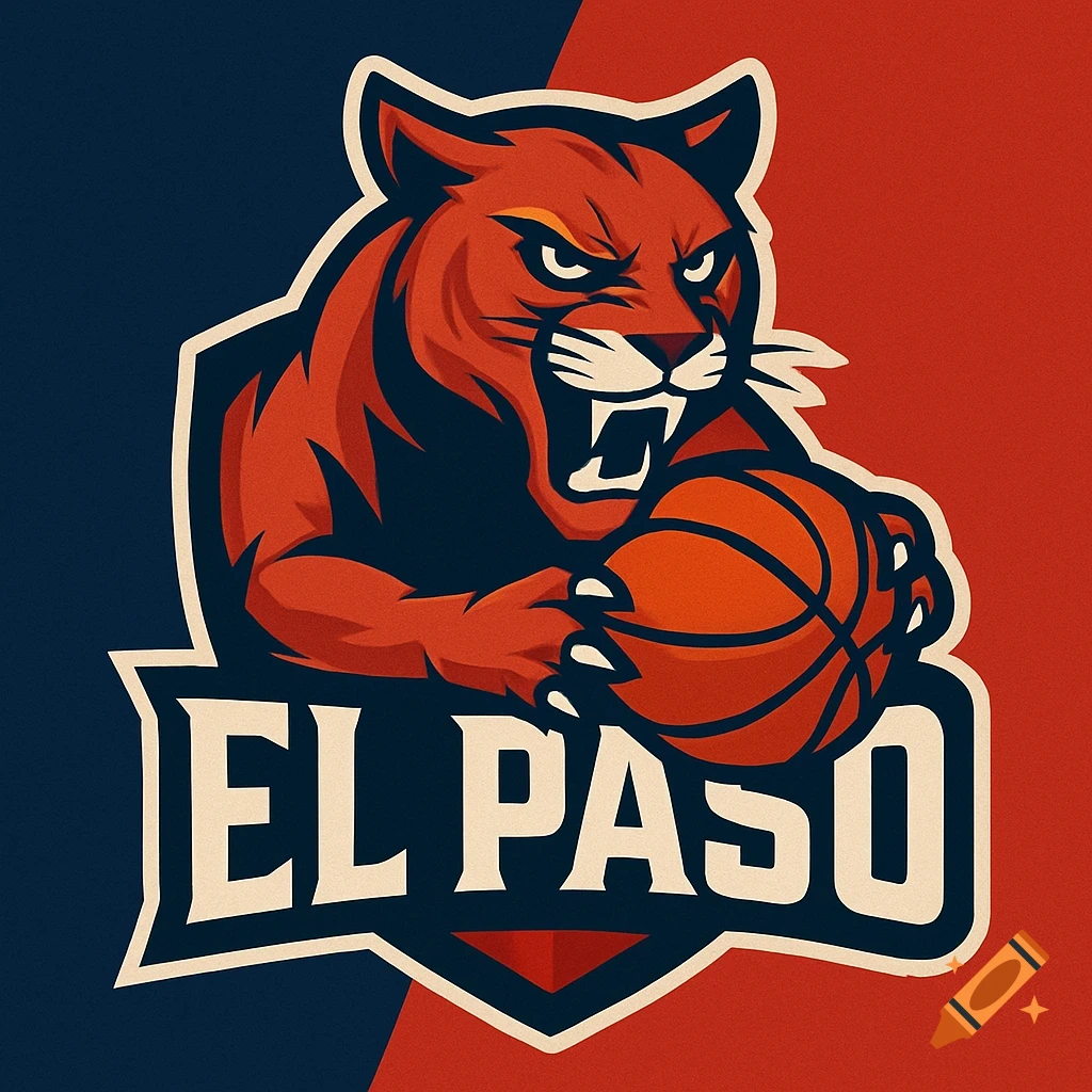 A dynamic sports logo featuring a fierce red panther or puma mascot holding a basketball, with the text 'EL PASO' in bold, cream-colored letters on a shield-like base, set against a background split between dark blue and red.