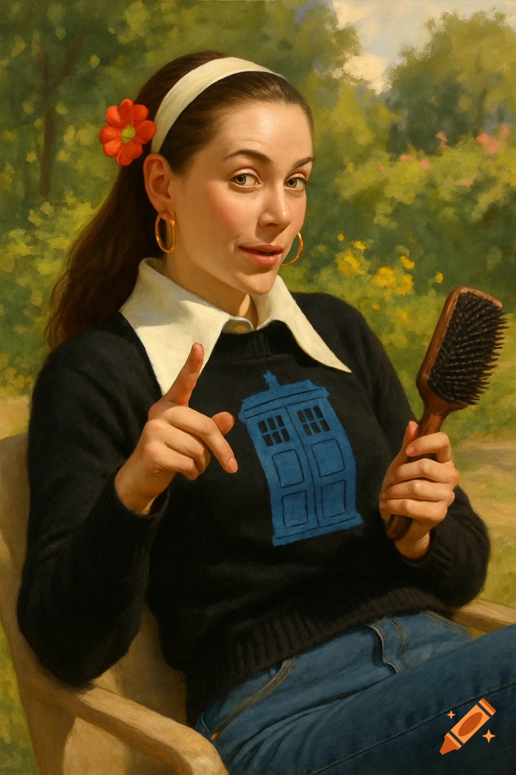 A painterly portrait of a woman in a black TARDIS sweater and jeans, pointing while holding a hairbrush in a sunny garden.