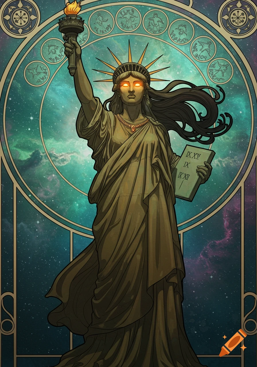Stylized illustration of the Statue of Liberty with glowing eyes, holding a tablet, against a cosmic background with zodiac symbols.