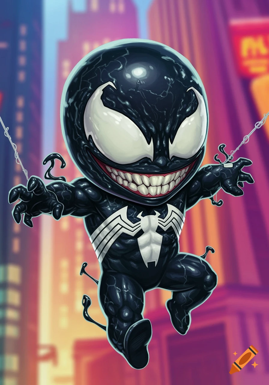Chibi Venom superhero character in a black symbiotic suit with white eyes and a spider logo, leaping against a city background in a cartoon style.