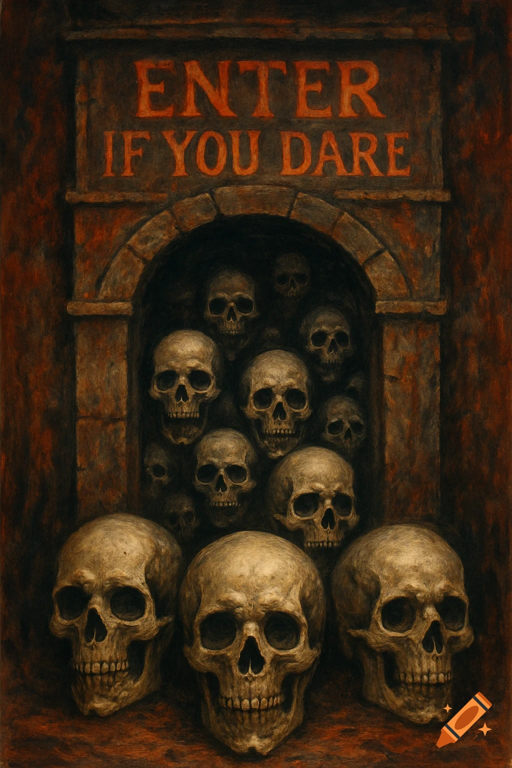 A dark, textured painting of a stone archway filled with skulls, with more skulls in the foreground. Above the arch, text reads 'ENTER IF YOU DARE'.