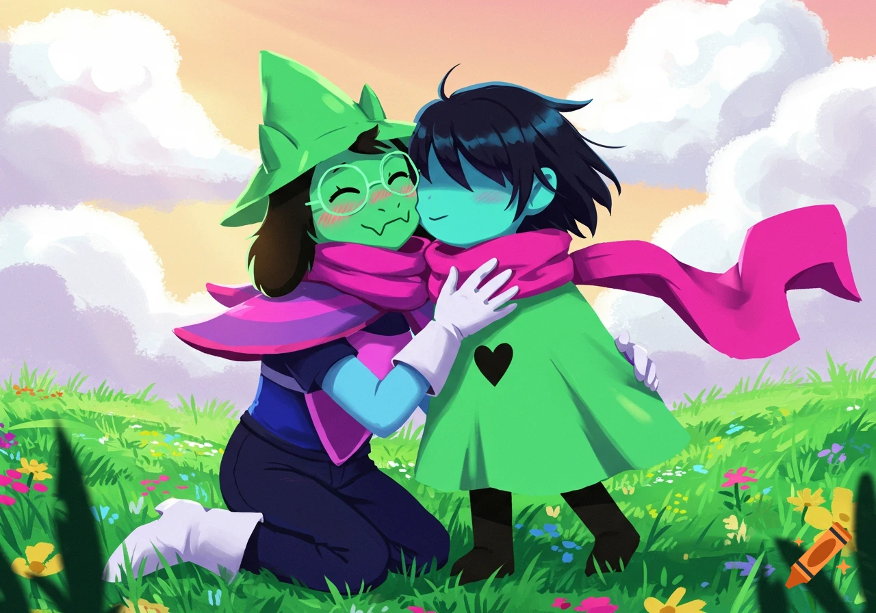 Vibrant cartoon of Deltarune characters Ralsei and Kris embracing and kissing in a sunny, flower-filled grassy field.