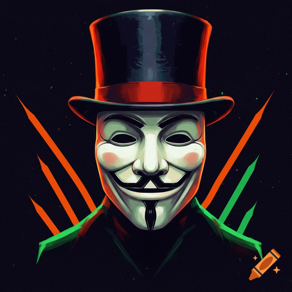 Stylized illustration of a person in a Guy Fawkes mask and black top hat against a dark background with orange and green lines.