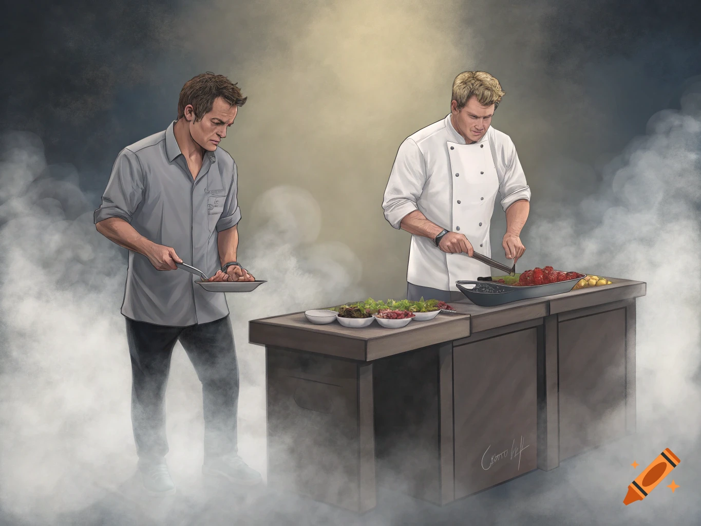 Illustration of Jeff Probst and Gordon Ramsay cooking in a misty, fog-filled kitchen setting.