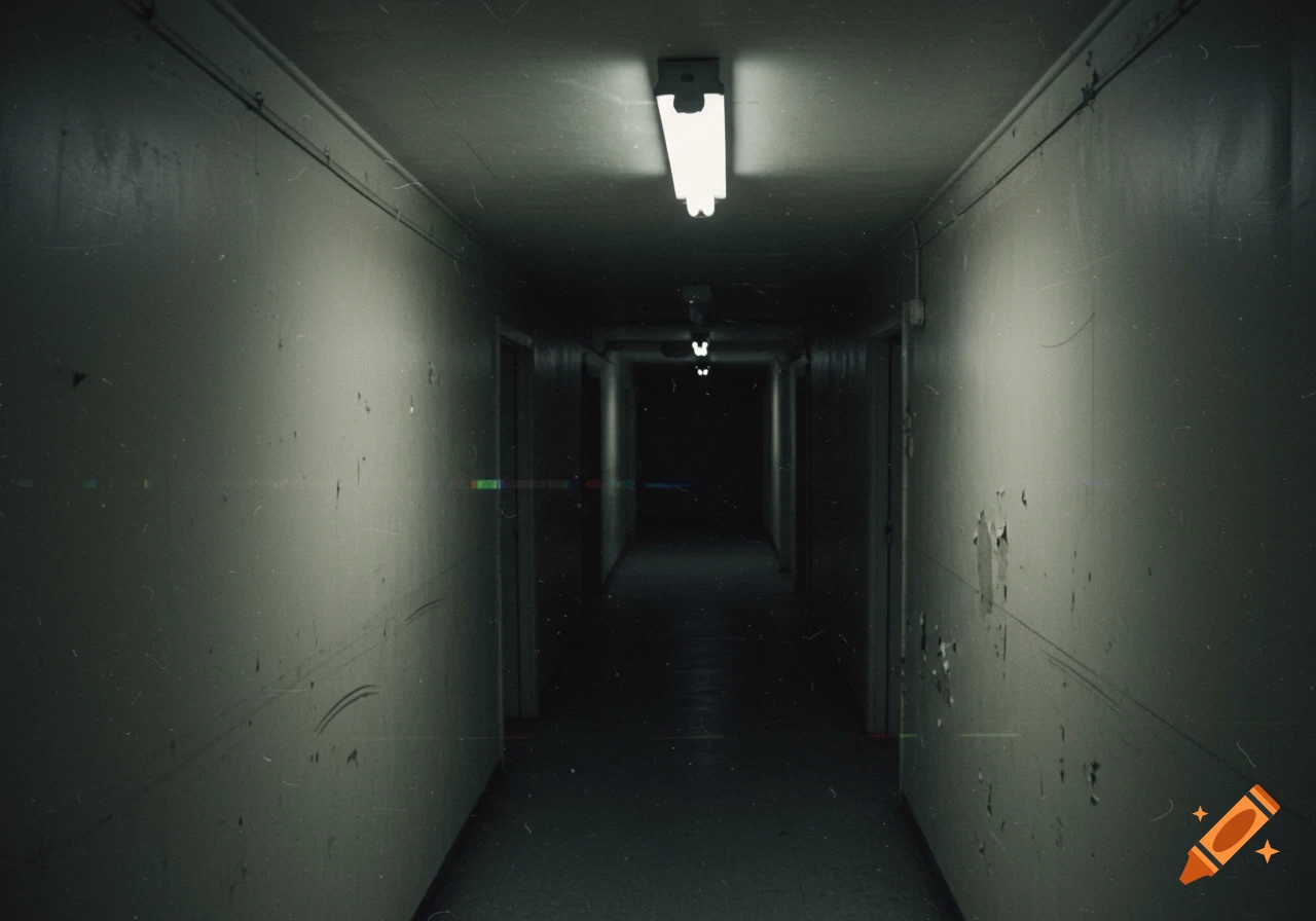 A long, dark, empty hallway with peeling paint and fluorescent lights, rendered in a grainy, vintage CCTV VHS footage style.