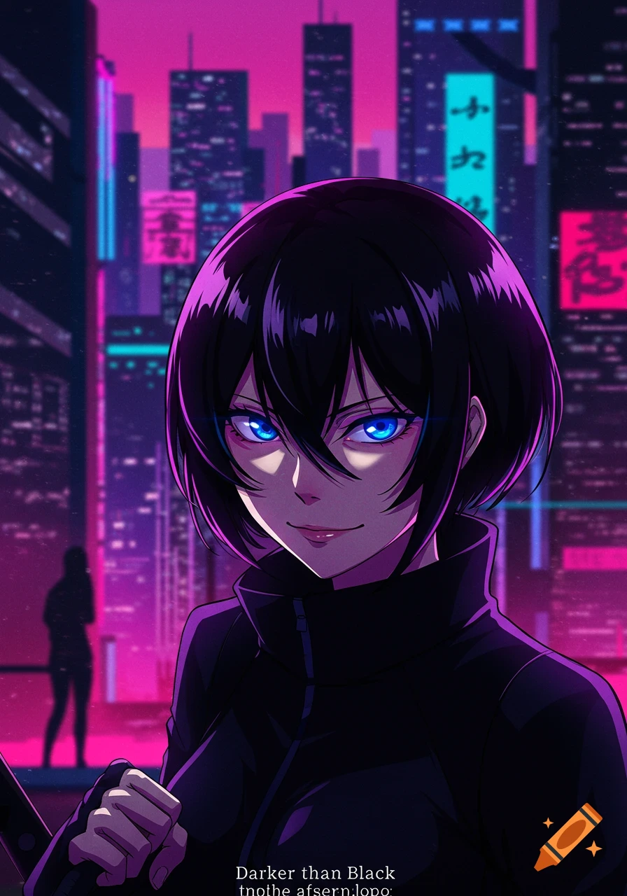 An anime character, Suou Pavlichenko, with short black hair and glowing blue eyes, stands in a dark cyberpunk city with neon lights.