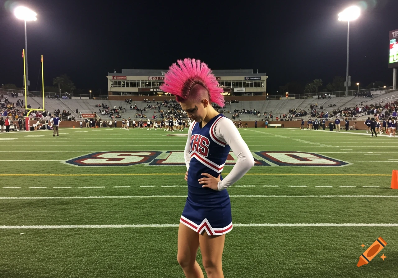 A cheerleader with a pink mohawk stands on a football field at night, looking down, with a stadium in the background.
