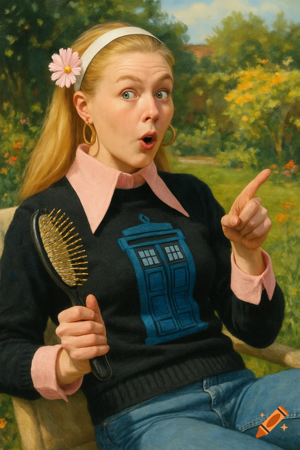 A blond woman with a surprised expression, wearing a black sweater with a blue TARDIS logo and a pink collared shirt, holds a hairbrush and points. She is sitting in a sunny garden.