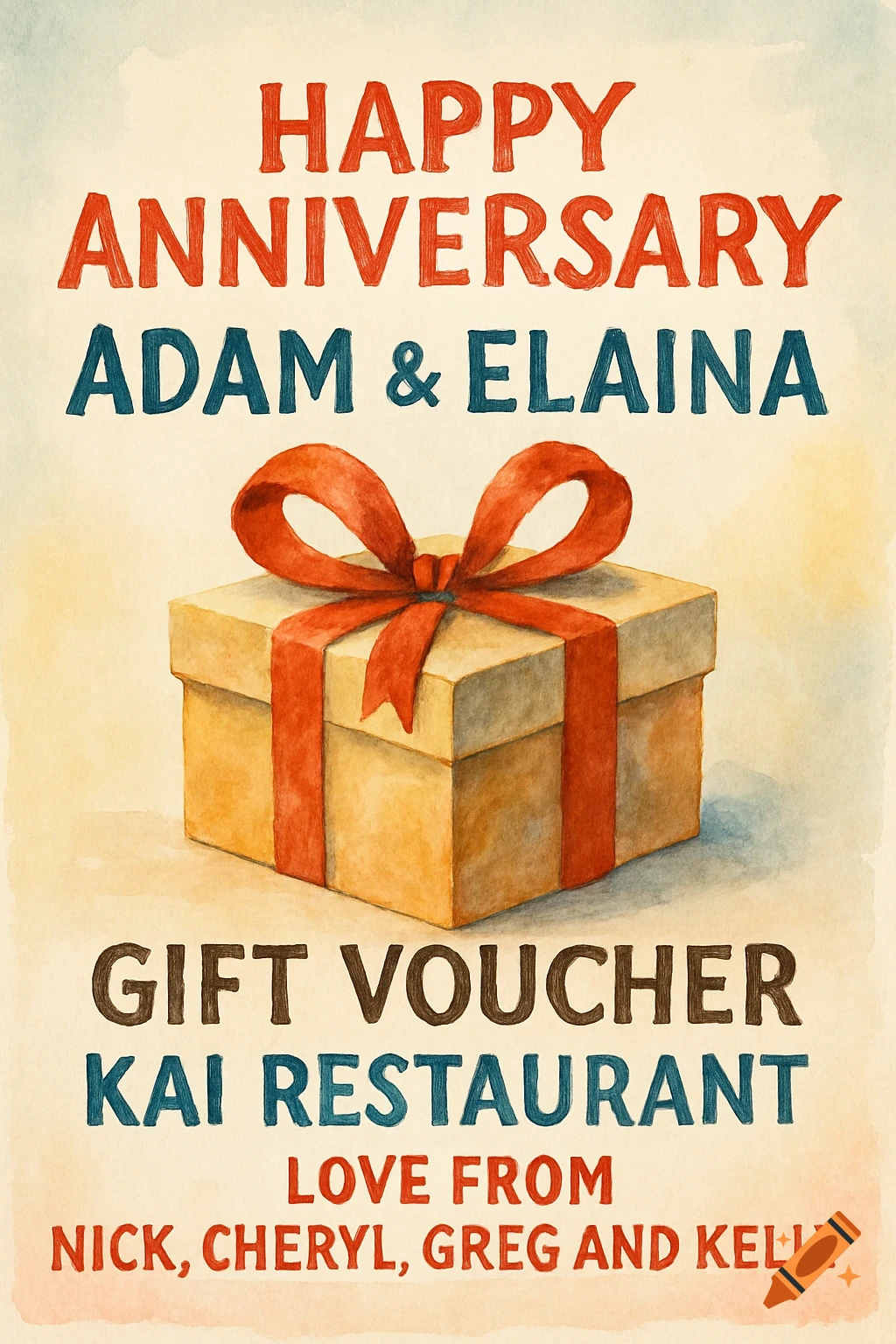 A watercolor anniversary card featuring a gift box with a red ribbon and personalized text.