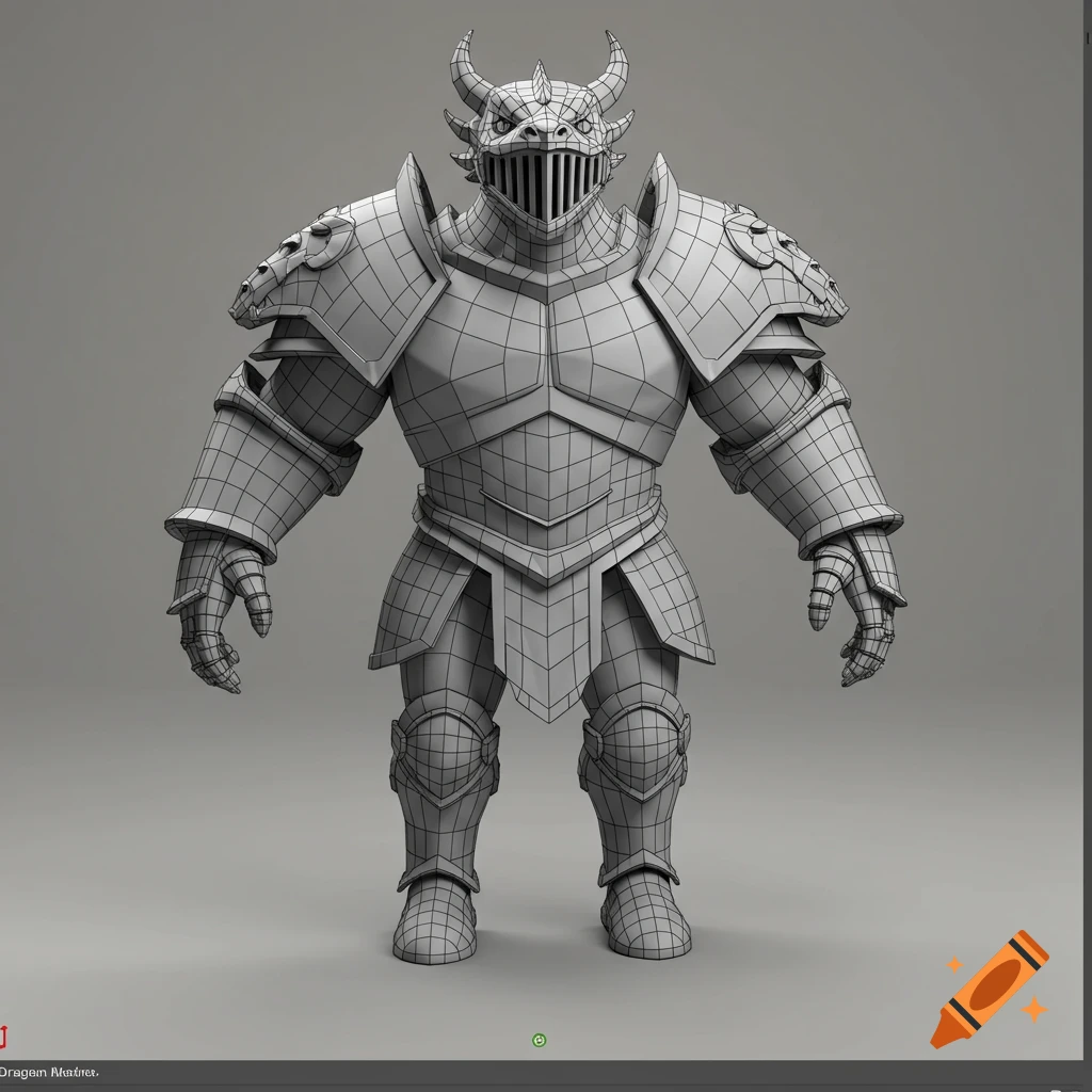 A grey 3D model of a brutish dragon knight in full armor, standing in a T-pose with a visible wireframe mesh overlay.