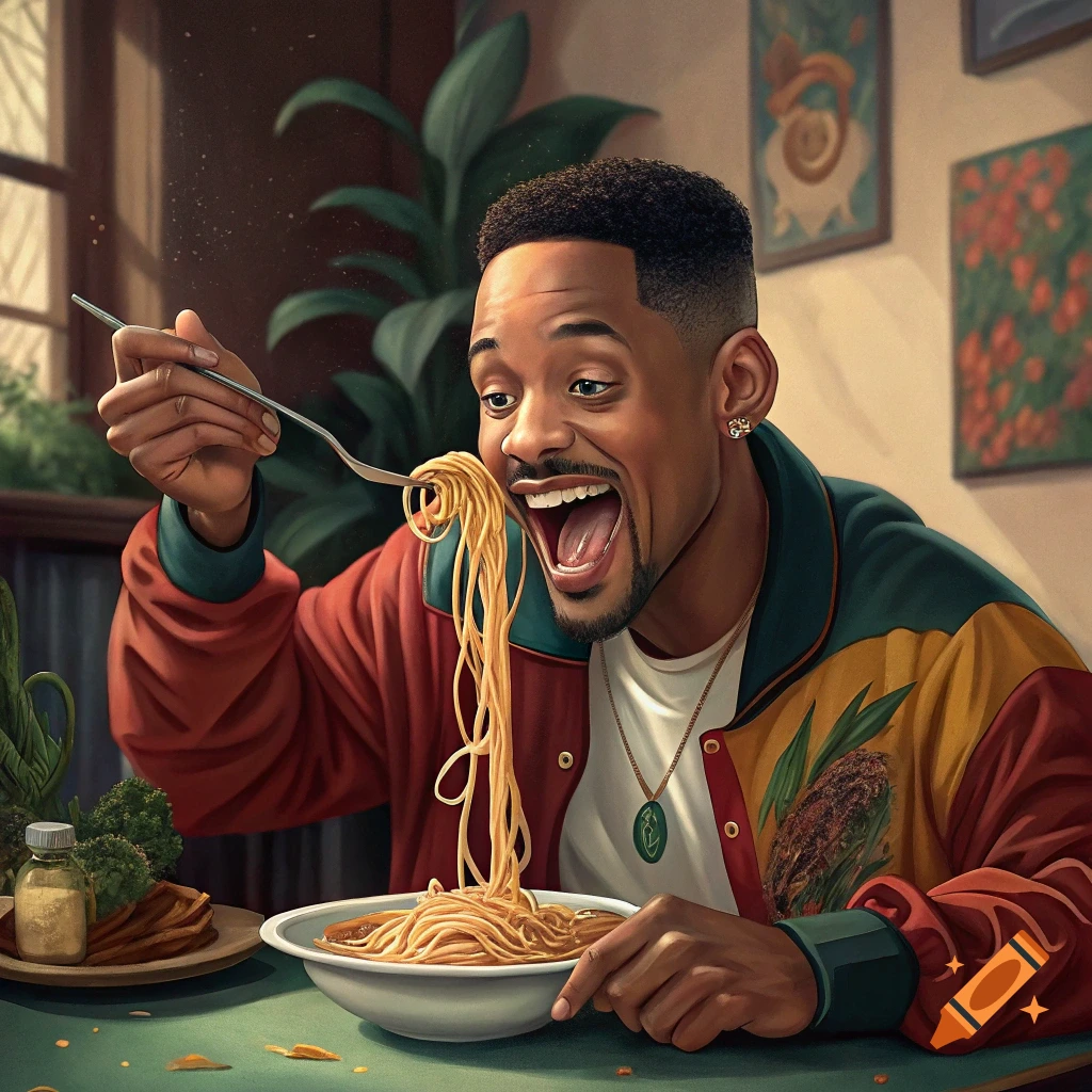 Will Smith excitedly eating a large mouthful of spaghetti with a fork in a stylized indoor setting.