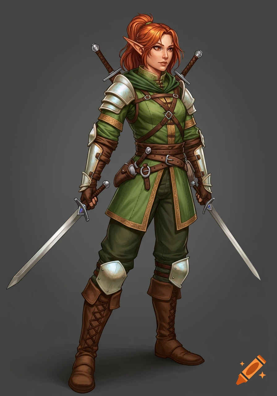 A full-body fantasy illustration of a ginger-haired she-elf in green armor holding two swords, with two more swords on her back.