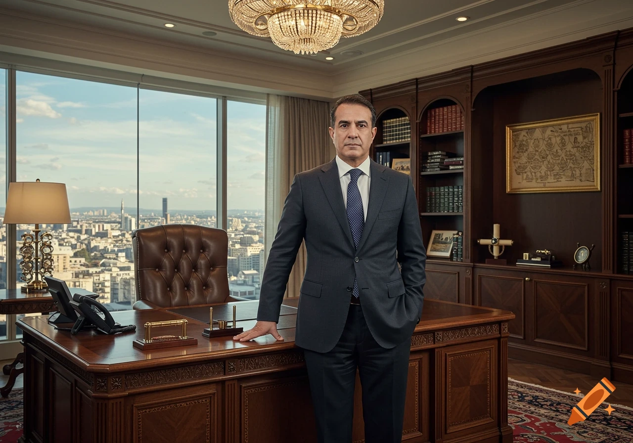 A man in a suit stands in a large office with a cityscape view from the window.