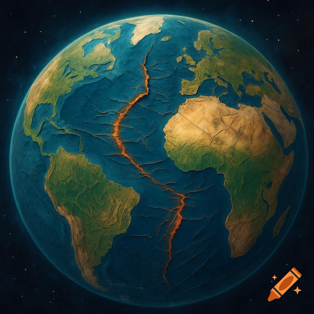 A textured view of Earth from space showing the Mid-Atlantic Ridge as a glowing crack.