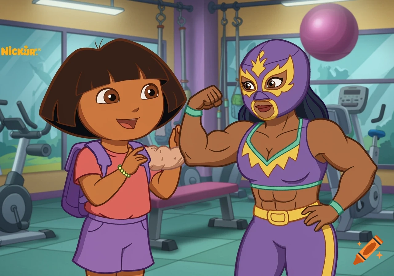 Dora the Explorer looks up at a female masked luchador flexing her bicep in a gym, cartoon style.