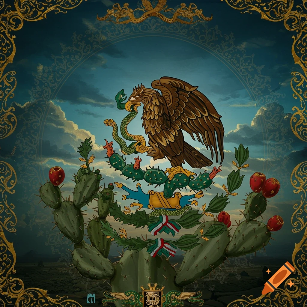 Stylized illustration of the Mexican Coat of Arms featuring an eagle and snake on a nopal cactus with a decorative border.