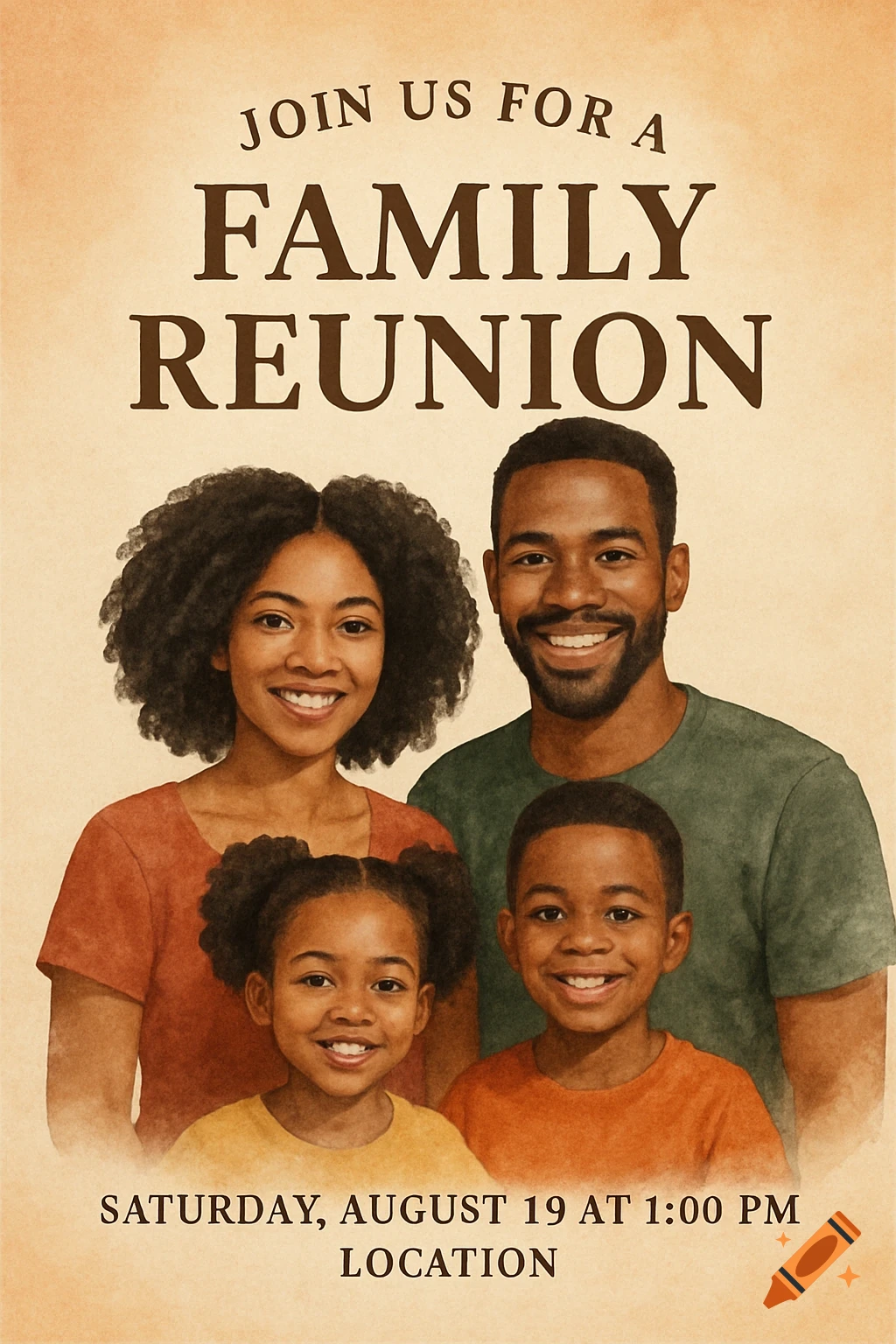 A watercolor-style invitation poster for a family reunion, featuring a smiling Black family of four.