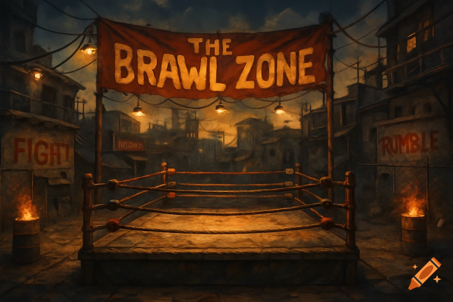 A gritty, stylized painting of an empty outdoor boxing ring in an urban alley at night, with a banner reading 'THE BRAWL ZONE'.