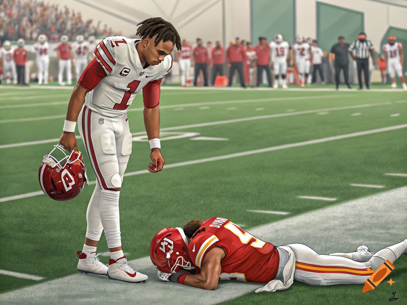 An illustration of Jalen Hurts standing over an injured Patrick Mahomes on a football field.