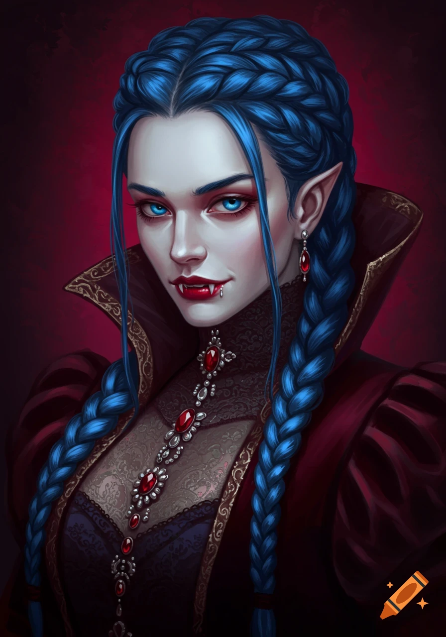 Portrait of a pale female vampire with blue braided hair, glowing blue eyes, fangs, and a dark red regal outfit with an ornate necklace.