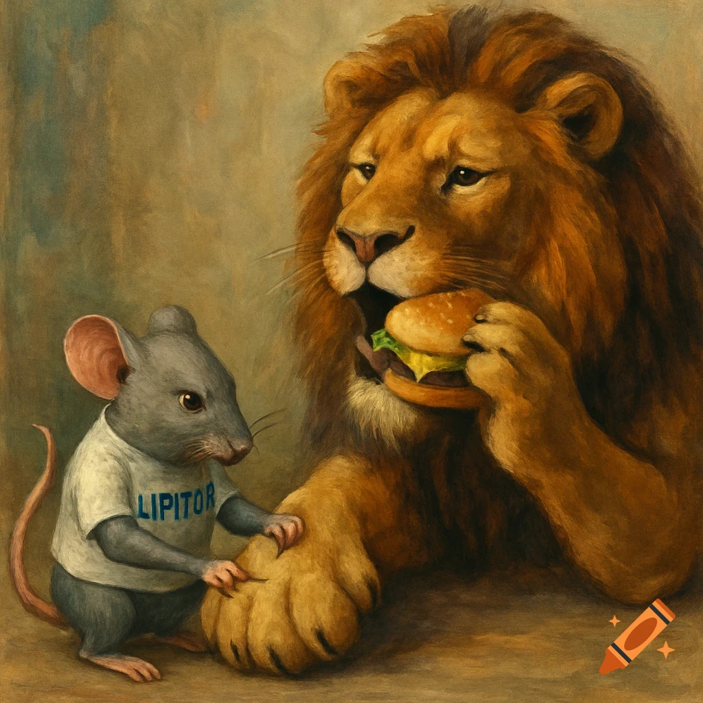A painted scene of a lion eating a cheeseburger while a mouse in a "LIPITOR" shirt touches its paw.