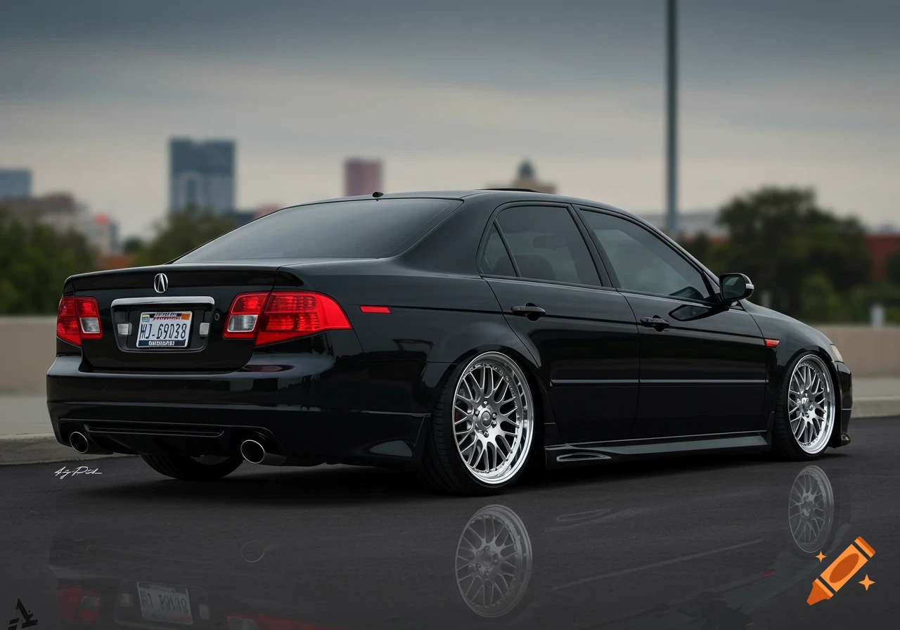 Photorealistic image of a black 2004 Acura TL with lowering springs and chrome BBS wheels, viewed from the rear, parked on asphalt.