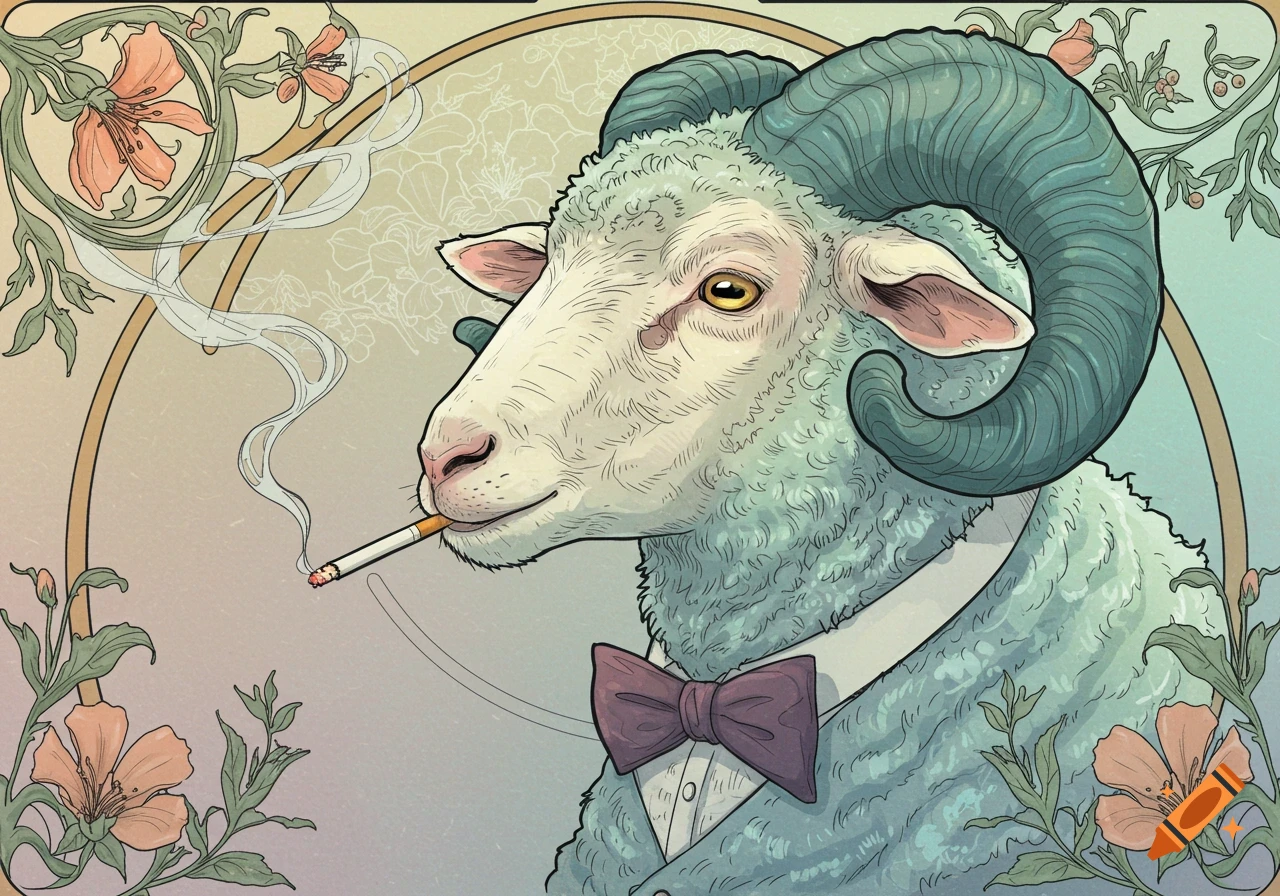 An elegant sheep with a bow tie smokes a cigarette in a detailed Art Nouveau illustration with floral elements.