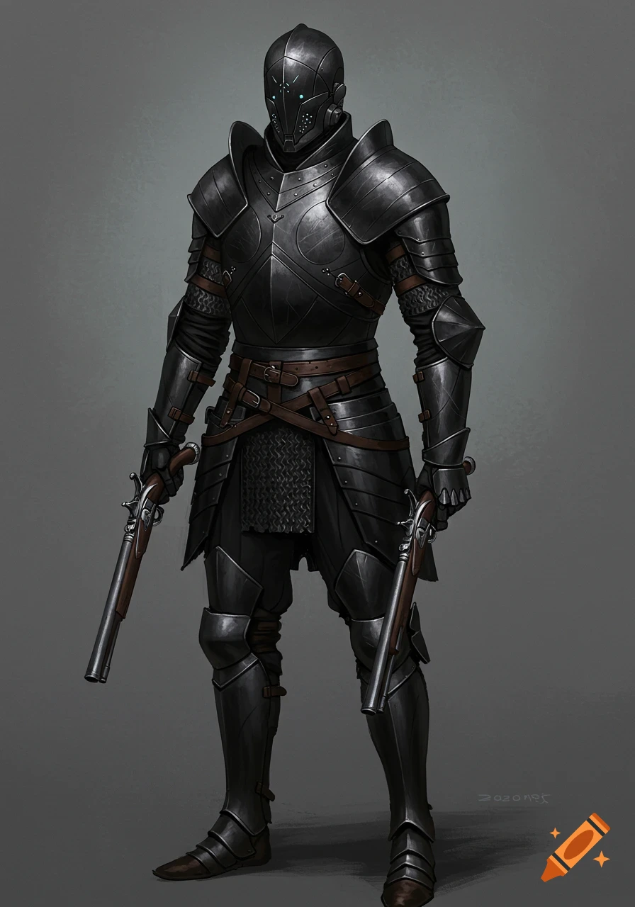 A dark armored warrior holding two flintlock pistols, with a sleek, faceless helmet and battle scars.
